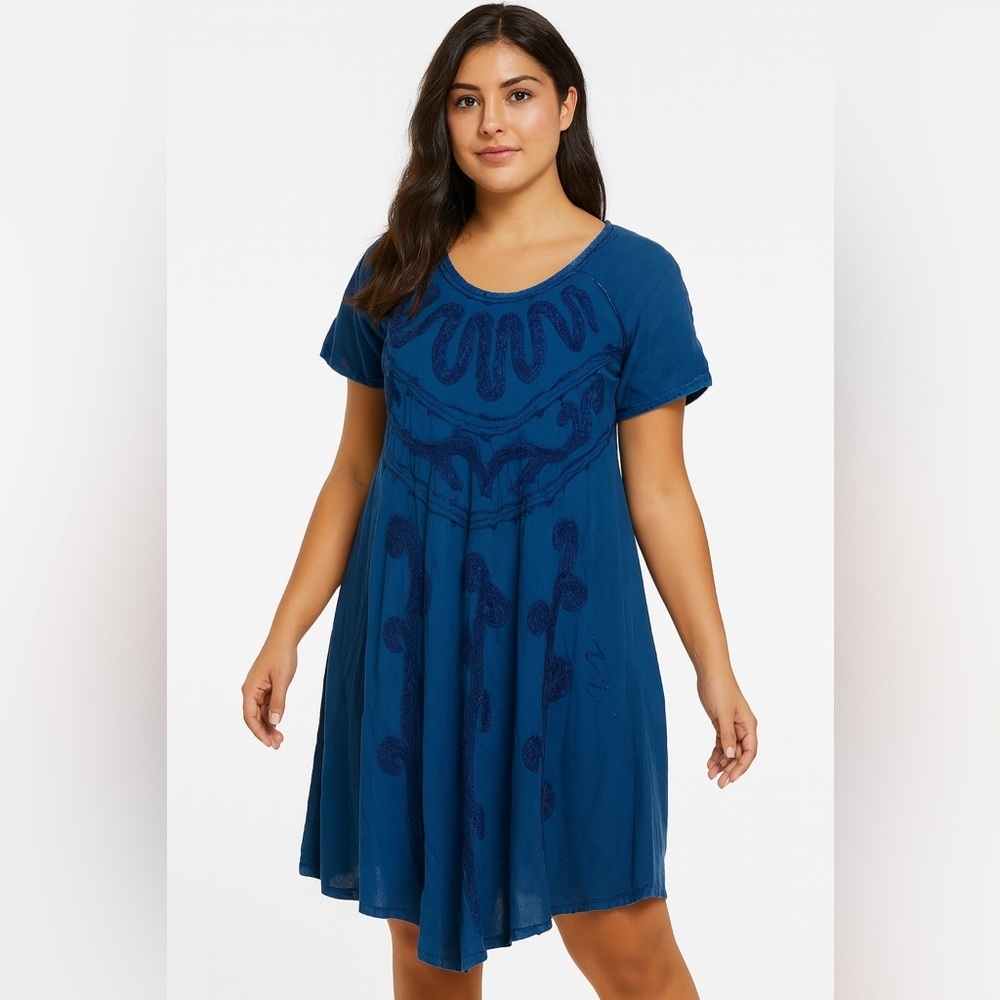 Boho Indie Blue Embroidered Swing Dress Free Size Festival India beach swim